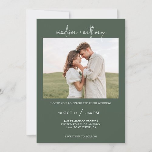 Dark Green Stylish Script with Photo Wedding  Invitation