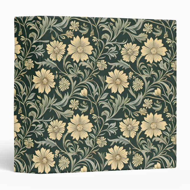 Dark green stylized yellow flowers  pattern  3 ring binder (Front/Spine)