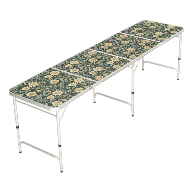 Dark green stylized yellow flowers  pattern  beer pong table (Angled)