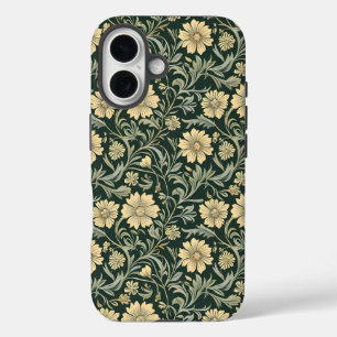Dark green stylized yellow flowers pattern iPhone 16 case