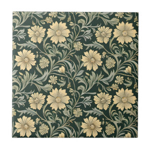 Dark green stylized yellow flowers pattern ceramic tile