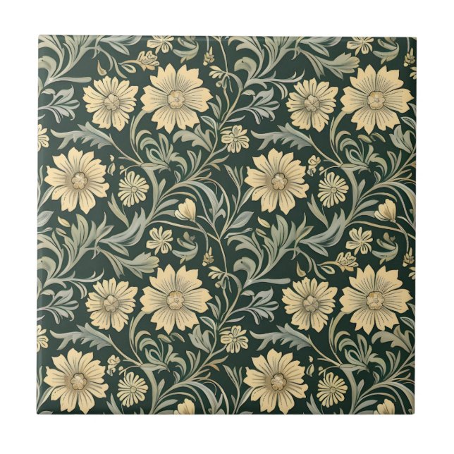 Dark green stylized yellow flowers  pattern  ceramic tile (Front)