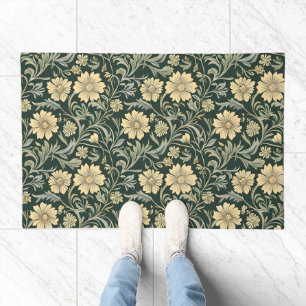 Dark green stylized yellow flowers pattern doormat