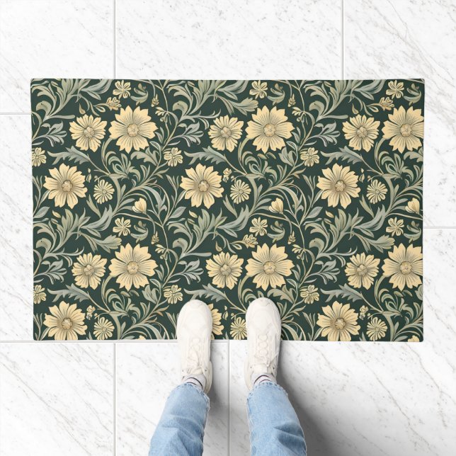 Dark green stylized yellow flowers  pattern  doormat (Indoor)