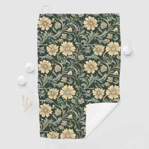 Dark green stylized yellow flowers pattern golf towel