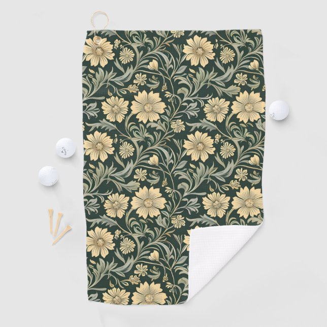Dark green stylized yellow flowers  pattern  golf towel (InSitu)