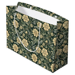 Dark green stylized yellow flowers pattern large gift bag