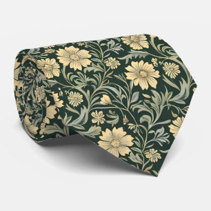 Dark green stylized yellow flowers pattern neck tie