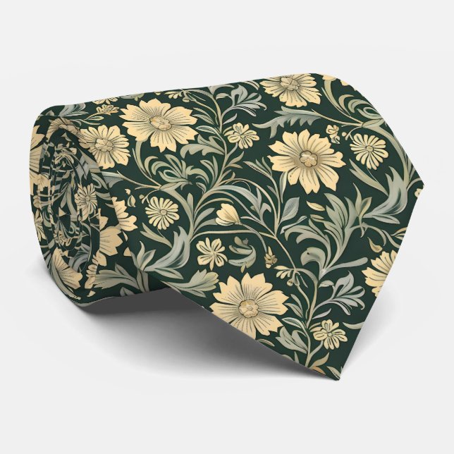 Dark green stylized yellow flowers  pattern  neck tie (Rolled)