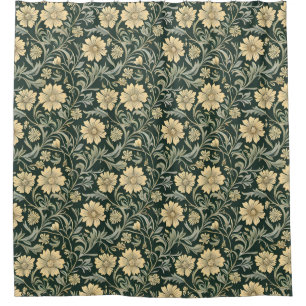 Dark green stylized yellow flowers pattern shower curtain
