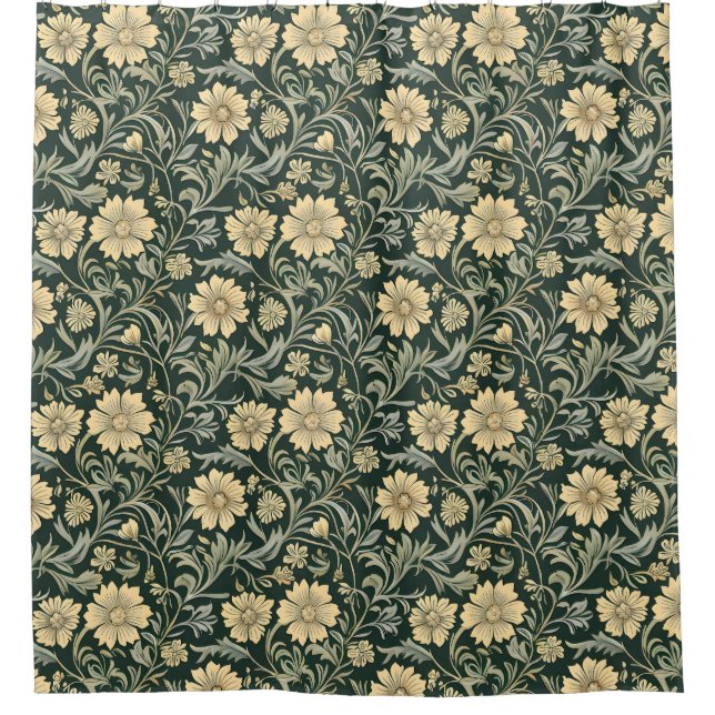 Dark green stylized yellow flowers  pattern  shower curtain (Front)