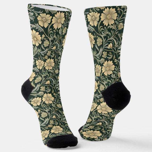 Dark green stylized yellow flowers  pattern  socks (Angled)