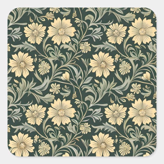 Dark green stylized yellow flowers  pattern  square sticker (Front)