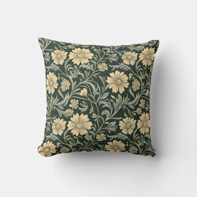 Dark green stylized yellow flowers  pattern  throw pillow (Front)