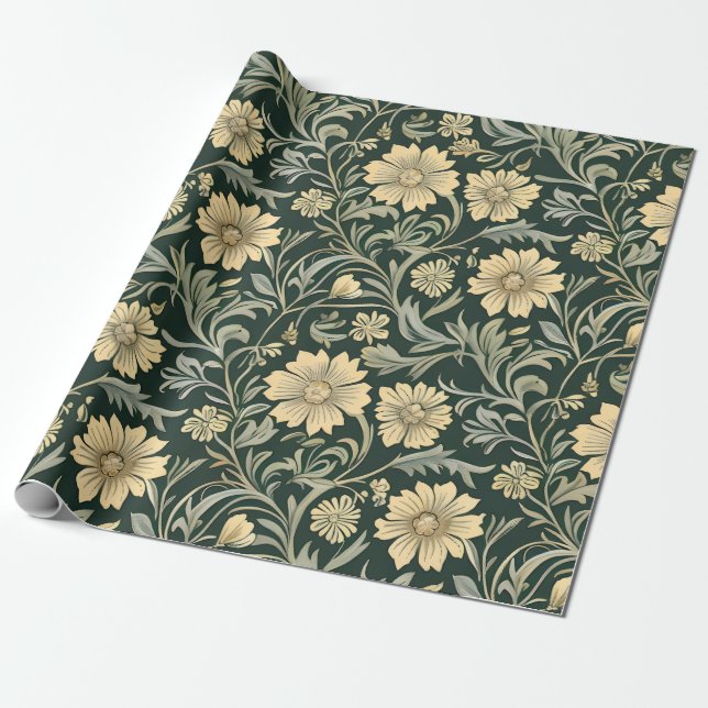Dark green stylized yellow flowers  pattern  wrapping paper (Unrolled)