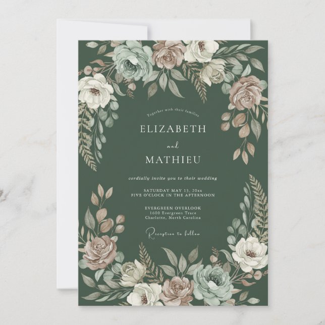 Dark Green Sumptuous Botanical Wedding Invitation (Front)