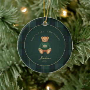 Dark Green Tartan Plaid Babys First Christmas Ceramic Ornament