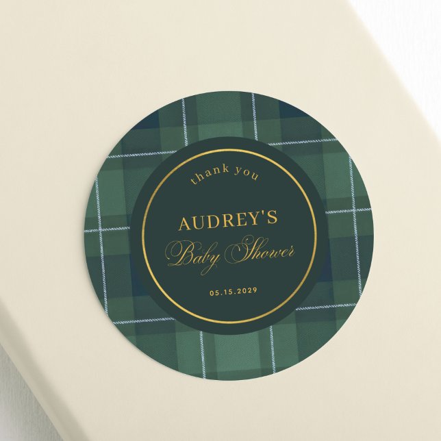 Dark Green Tartan Polo Plaid Baby Shower Thank You Classic Round Sticker (Creator Uploaded)
