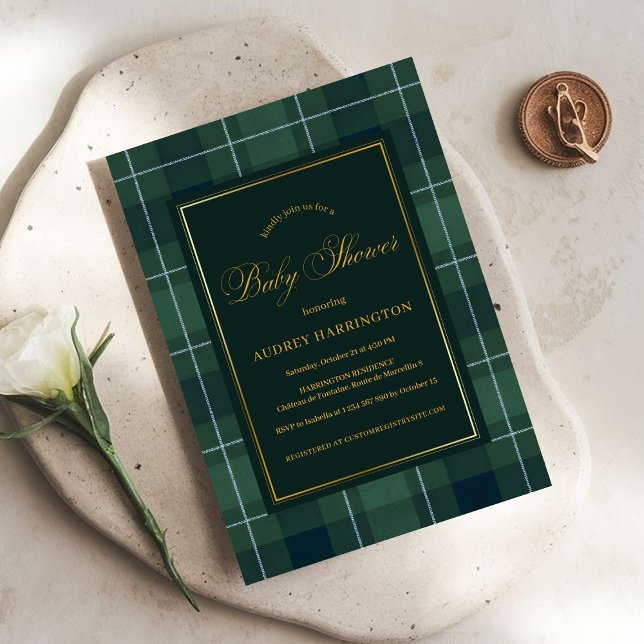 Dark Green Tartan Polo Plaid Vintage Baby Shower Invitation (Creator Uploaded)
