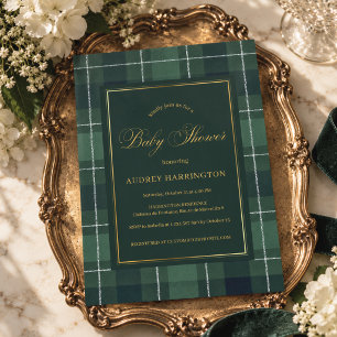Dark Green Tartan Polo Plaid Vintage Baby Shower Invitation
