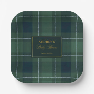 Dark Green Tartan Polo Plaid Vintage Baby Shower Paper Plates