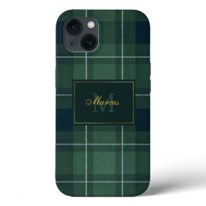 Dark Green Tartan Polo Plaid Vintage Monogram Name iPhone 13 Case