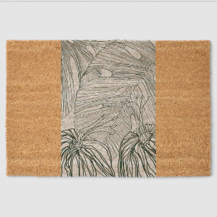 dark green & teal monstera leaves & lilies contour fiber doormat