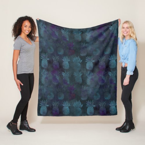 Dark green teal purple batik style pineapple fleece blanket