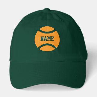 Dark green tennis hat with orange ball icon on cap