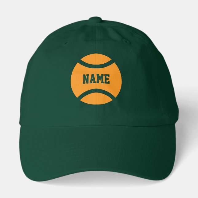 Dark green tennis hat with orange ball icon on cap (Front)