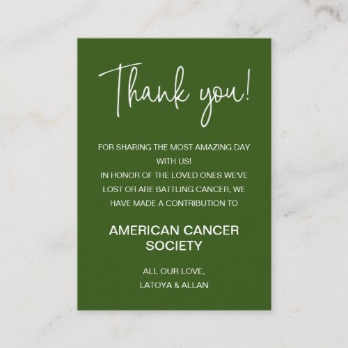 Dark Green Thank You Donate To Charity Wedding Place Card