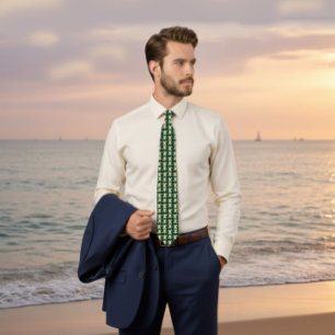 Dark Green Tie with Gold Bird Pattern