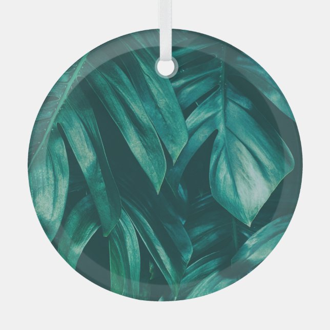 Dark green, tropical jungle foliage. glass ornament (Front)