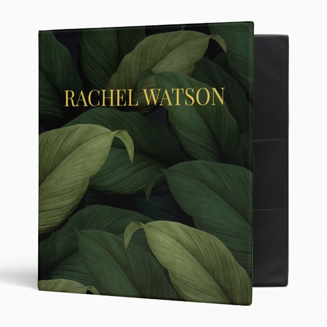 Dark Green Tropical Leaves 3 Ring Binder (Front/Inside)