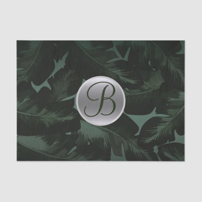 Dark Green Tropical Leaves Monogram Letter Initial Tissue Paper (Front)