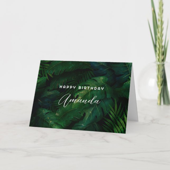 Dark Green Tropical Leaves Pattern Birthday Card (Front)