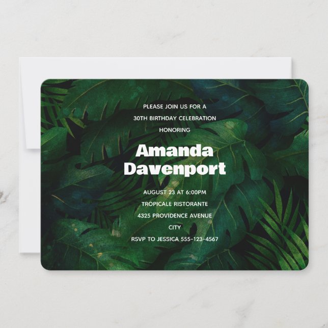 Dark Green Tropical Leaves Pattern Birthday Invitation (Front)