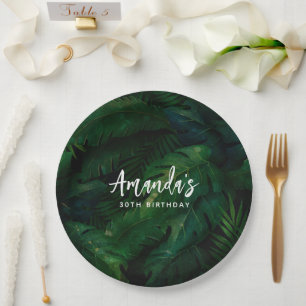 Dark Green Tropical Leaves Pattern Birthday Paper Plates