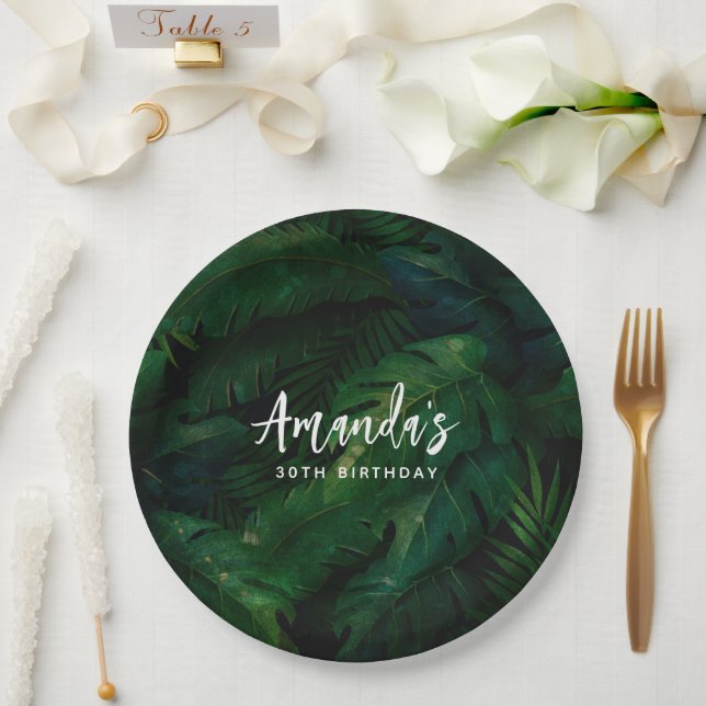 Dark Green Tropical Leaves Pattern Birthday Paper Plates (Wedding)