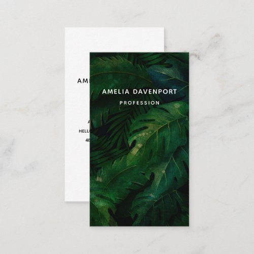 Dark Green Tropical Leaves Pattern Business Card