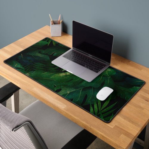 Dark Green Tropical Leaves Pattern Desk Mat