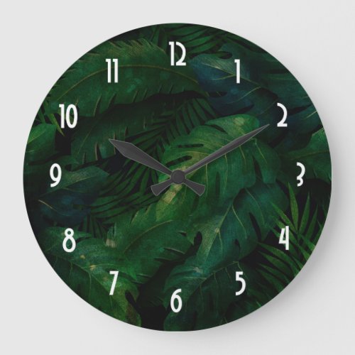 Dark Green Tropical Leaves Pattern Large Clock