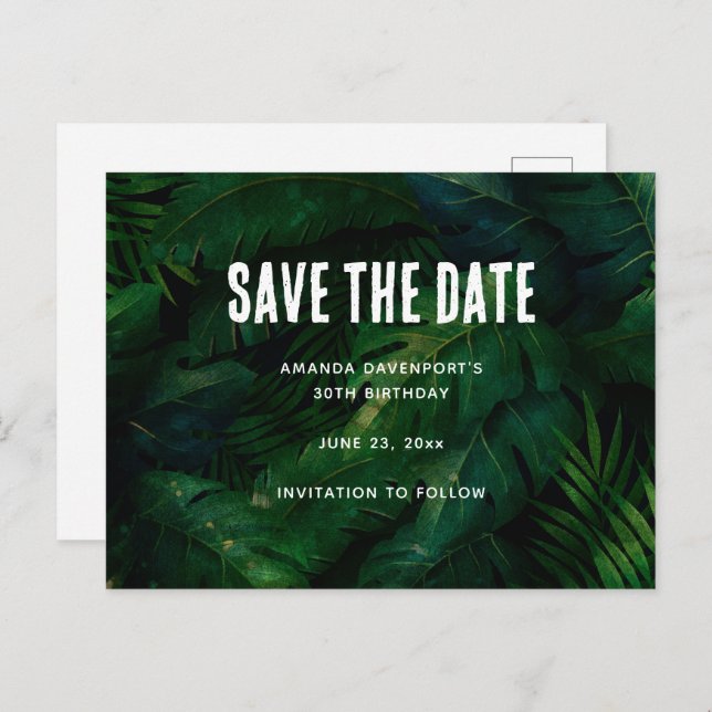 Dark Green Tropical Leaves Pattern Save the Date Invitation Postcard (Front/Back)