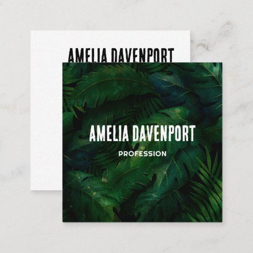 Dark Green Tropical Leaves Pattern Square Business Card