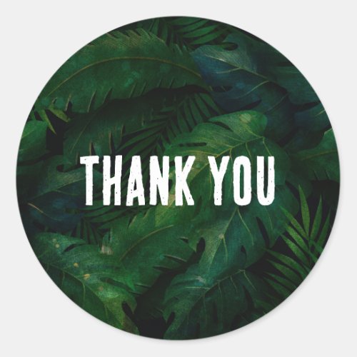 Dark Green Tropical Leaves Pattern Thank You Classic Round Sticker