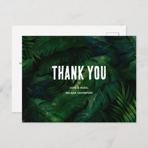 Dark Green Tropical Leaves Pattern Thank You Postcard