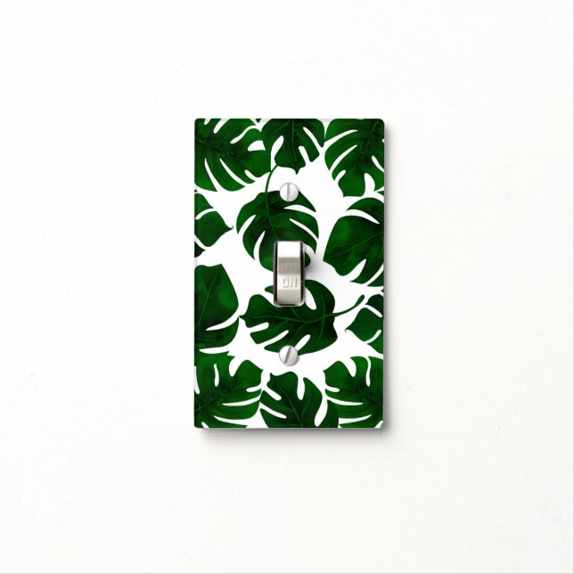 Dark Green Tropical Leaves White & Gold Elegant Light Switch Cover (In Situ)