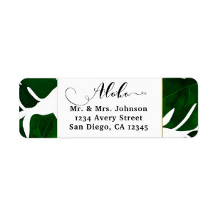 Dark Green Tropical Leaves White & Gold Wedding Label