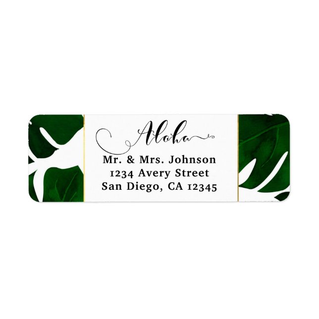 Dark Green Tropical Leaves White & Gold Wedding Label (Front)