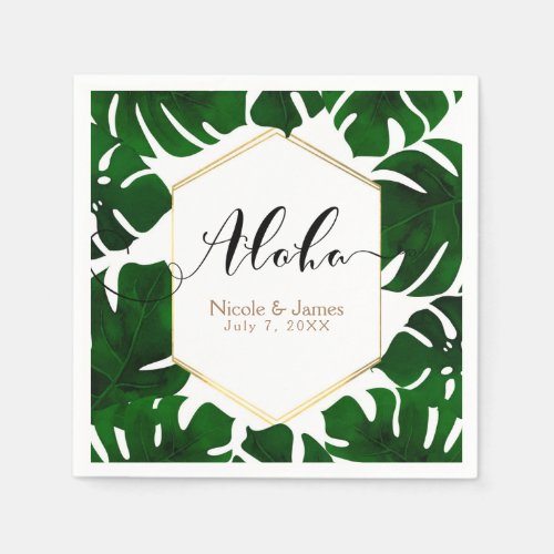 Dark Green Tropical Leaves White  Gold Wedding Paper Napkins